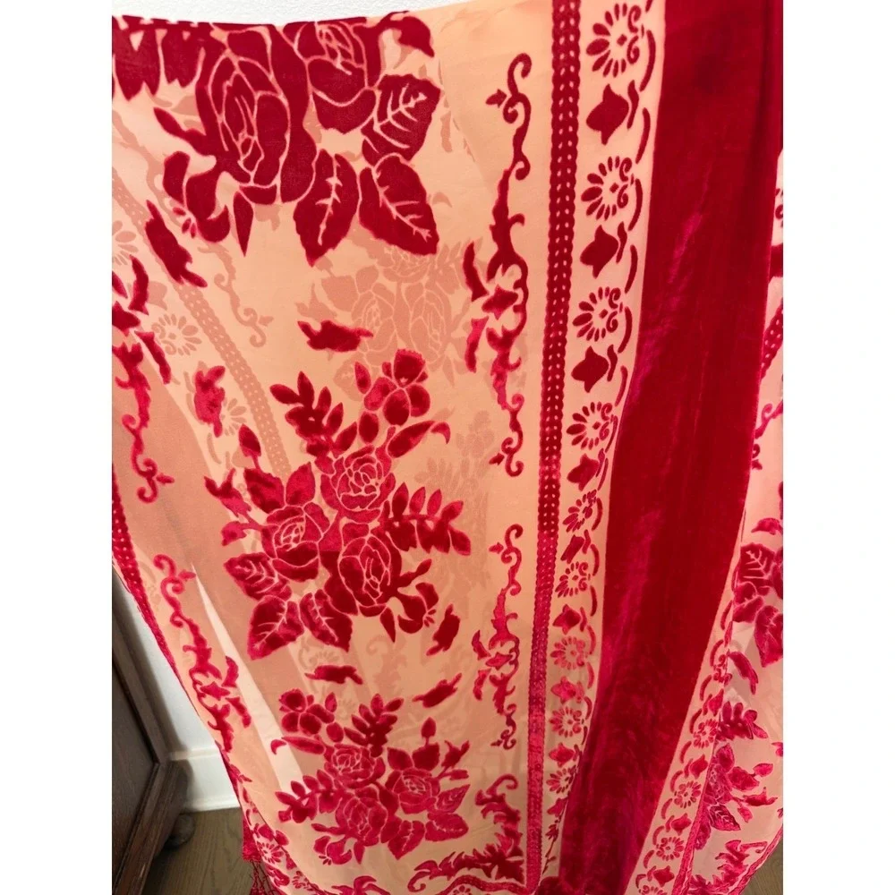 Free‎ People Kimono Sheer Velvet Burnout Floral Duster Red Boho Bohemian
